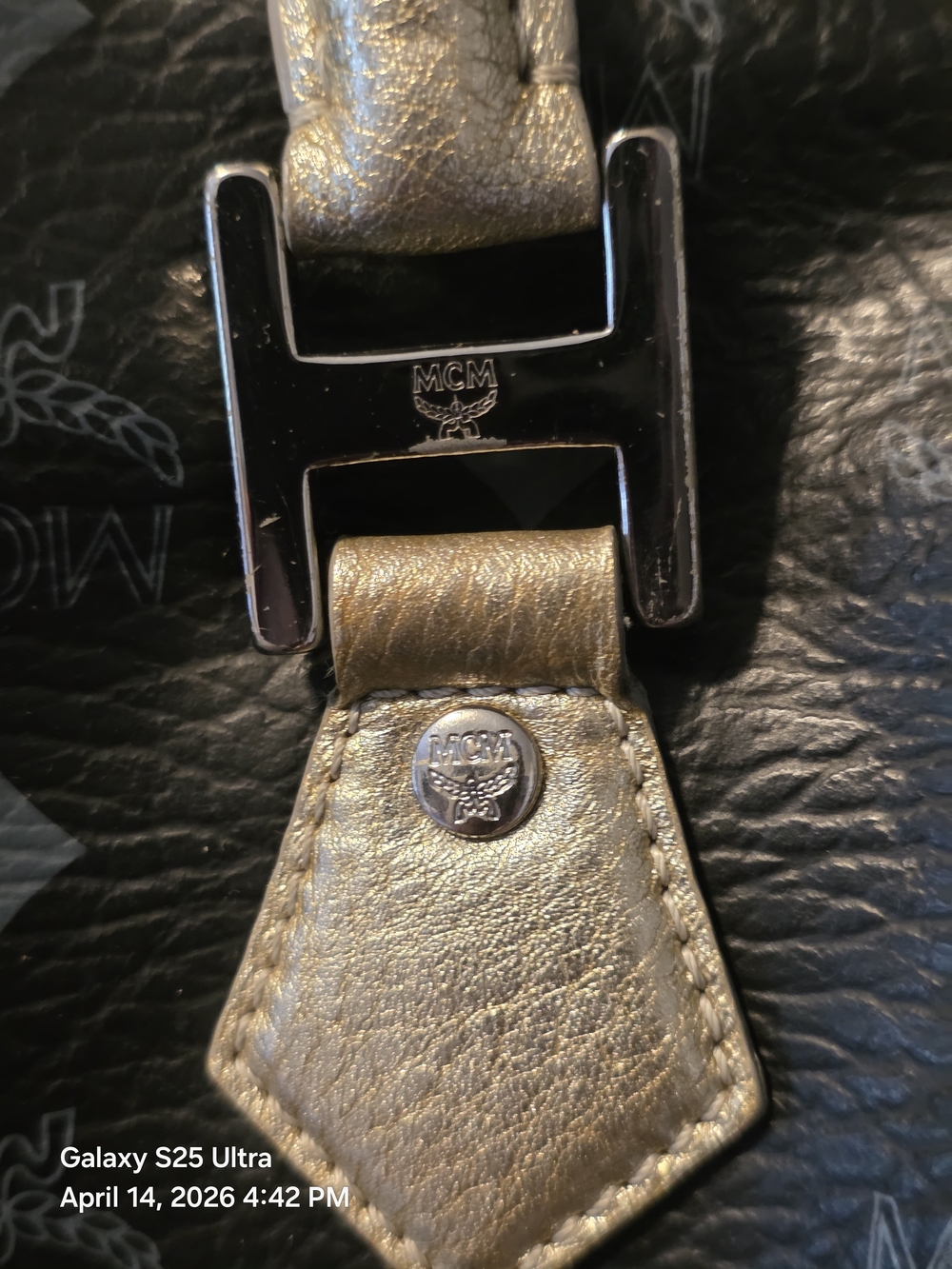 SOLD)))MCM Metallic Black Leather Small/Med Boston Bag W/ Gold and Pink Accents. - Picture 9 of 15
